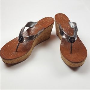 Authentic Tory Burch Thora Silver Wedge Sandals